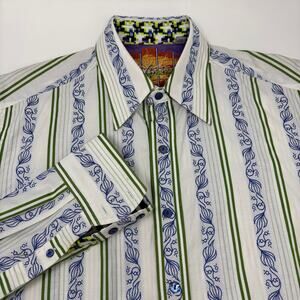 Robert‎ Graham Medium Blue Green Flower Striped Long Sleeve Button Up Shirt